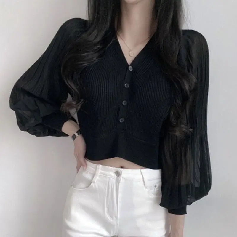 2023 Spring New V-Neck Lantern Sleeve Solid Color Korean All-match Temperament Single-breasted Thin Fashion Slim French Blouse