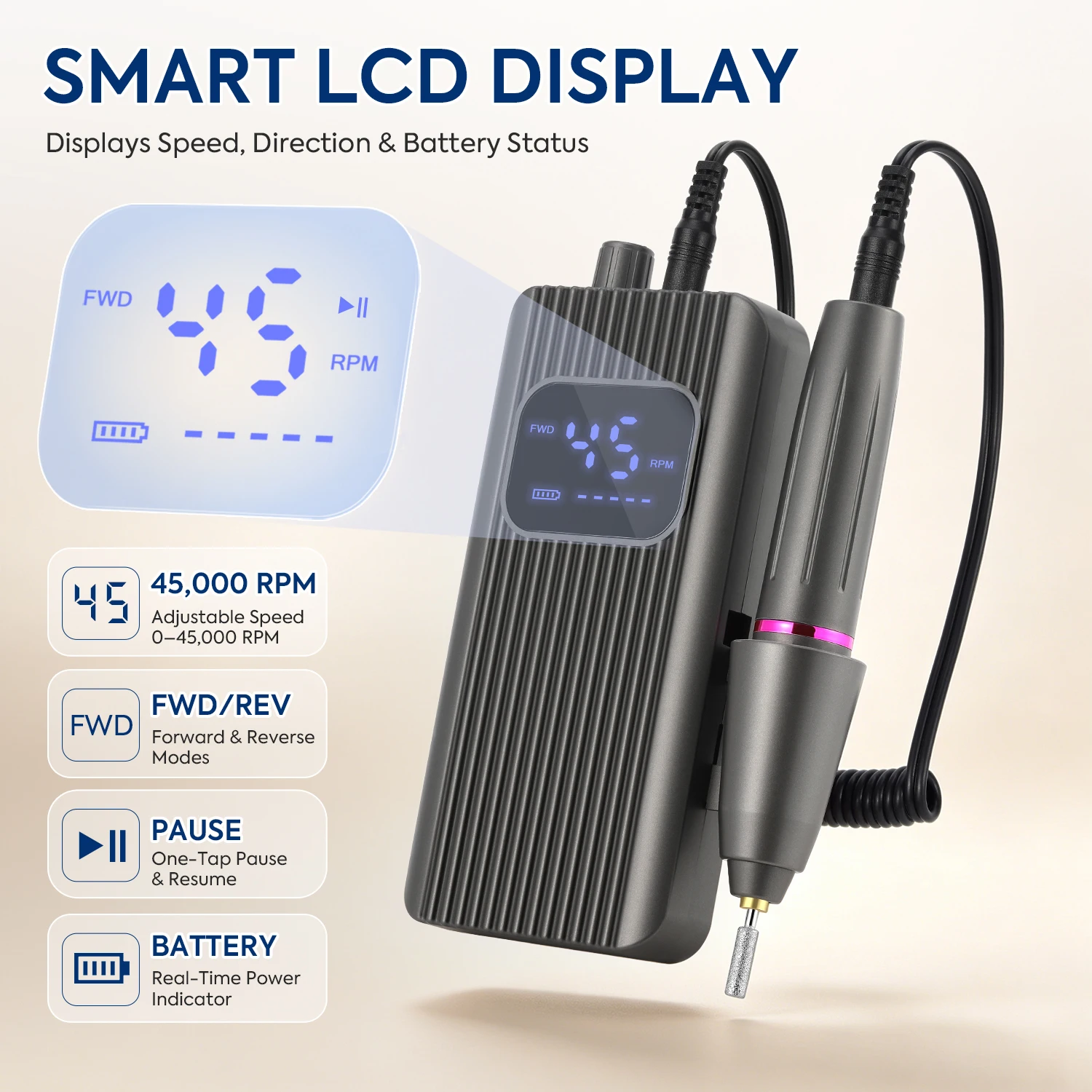 45000RPM 충전식 네일 드릴 머신, LCD 디스플레이가 있는 휴대용 무선 전동 네일 파일, 정회전 및 역회전 기능