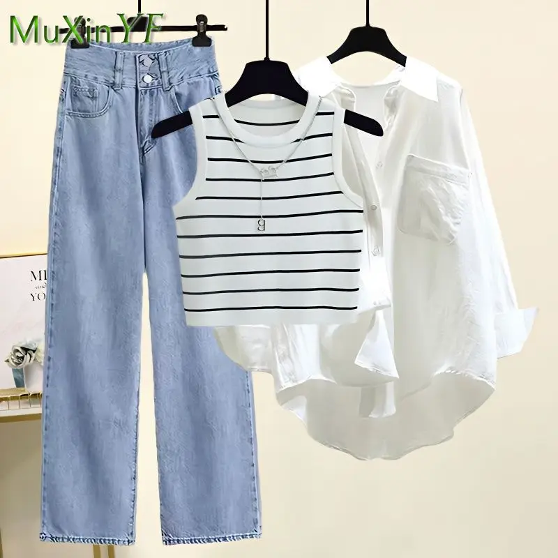 Women's 2024 Summer New Casual Denim Wide Leg Pants Matching Set Korean Elegant Sunscreen Shirt+Tank Top+Jeans Three Piece Suit summeroutfits women s 2023 new arrival style wear fashion sunscreen shirt slim tank top versatile denim shorts three piece set