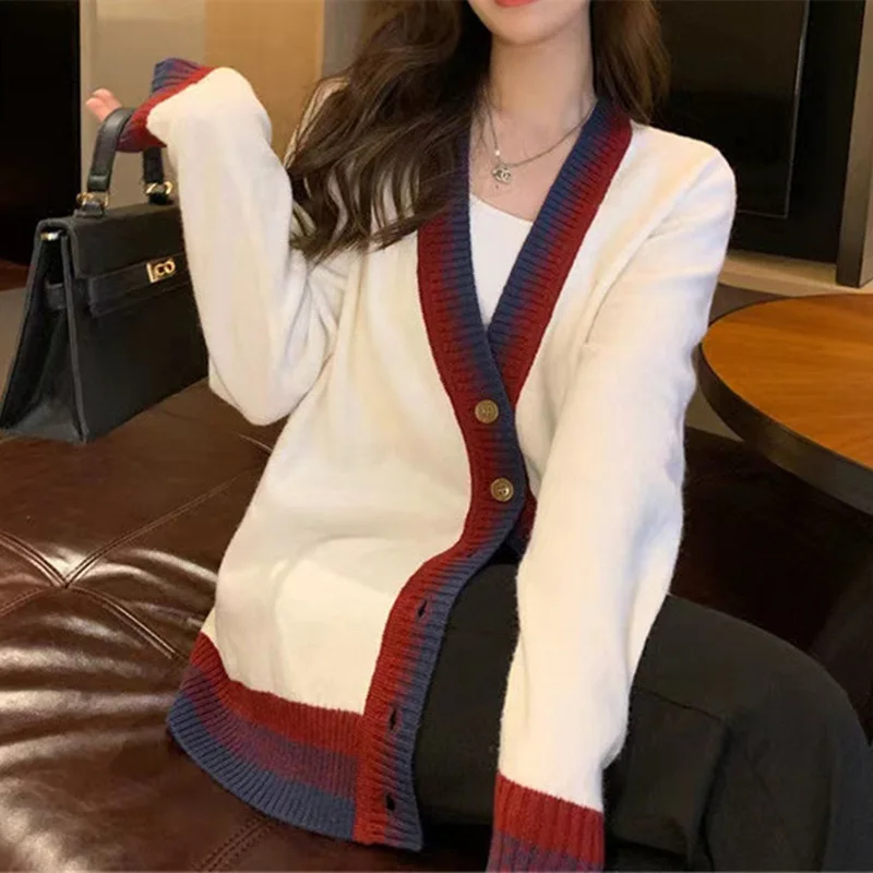 

College Style Color Matching Sweater Women 2023 Autumn Winter Korean V-neck Loose Knitted Cardigan Coat Female
