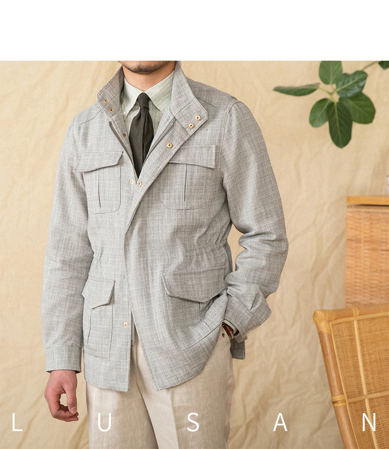 Baumwolle und Leinen, vertikaler Kragen, enge Taille, M65-Jagdjacke, Retro-All-Match-Frühlings- und Sommer-leichte Freizeitjacke – Detail 24