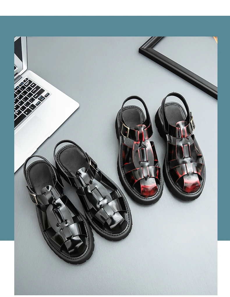 4.5Cm Thick Sole Heightening Sandals Men's Glossy Cowhide Buckle Business Casual British Genuine Leather Summer Sandals for Men