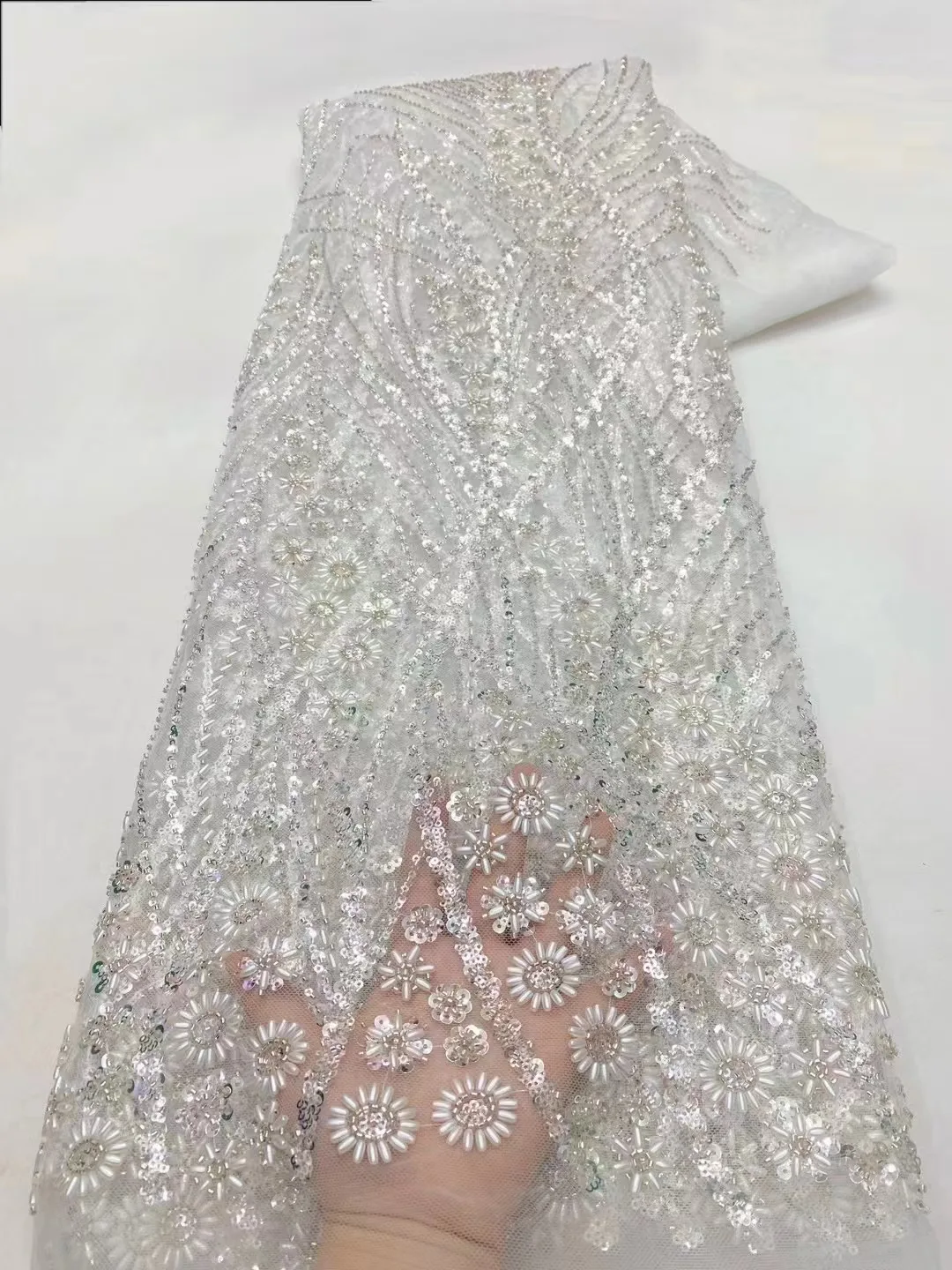 Purple Latest Nigerian Lace Fabrics Fashion Women African Tull Lace Luxury Handmade Bead sequins Fabrics For Wedding 5Yards