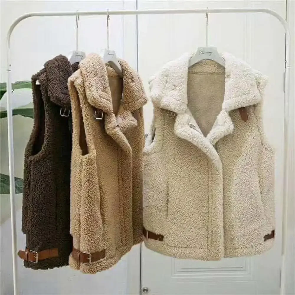 2024 Winter Autumn Thick Lmitation Lamb Wool Vest Jackets Women Solid Warm Loose Zip Pockets Outwear Coat Gilet Femme Oversized