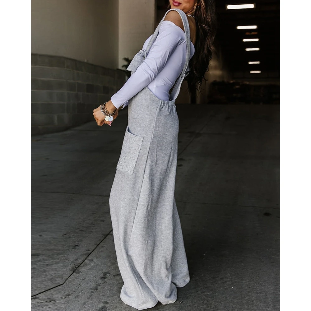 2023 Casual Women Contrast Paneled Pocket Design Wide Leg Suspender Off White Jumpsuts Robe Femme Cross Pants Overalls Clothing