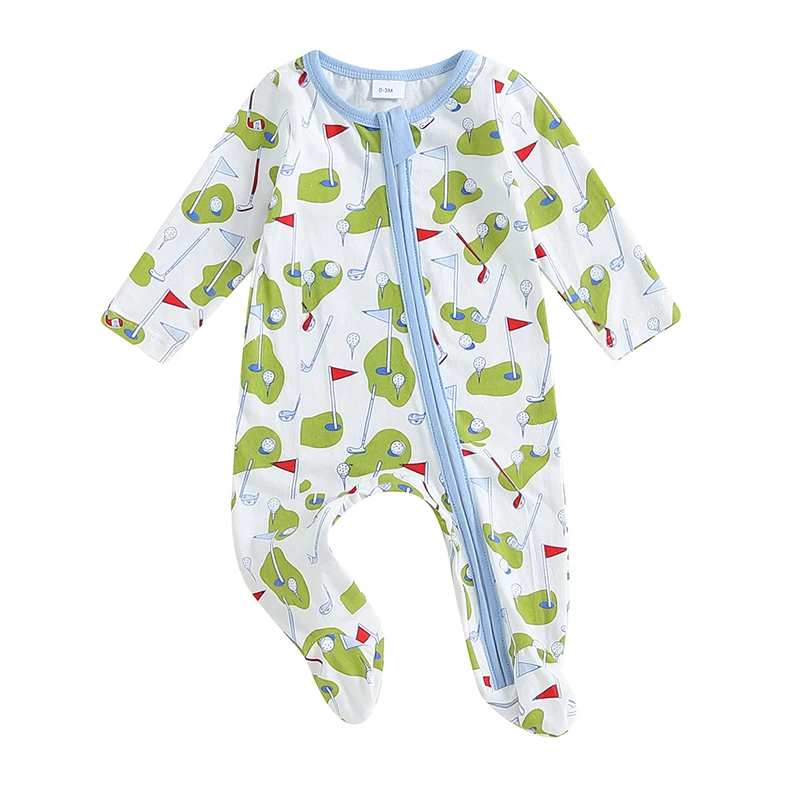 0-12M Newborn Infant Baby Boy Long Sleeve Footed Winter Outfits Newborn Boy Golf Romper Zipper Jumpsuit