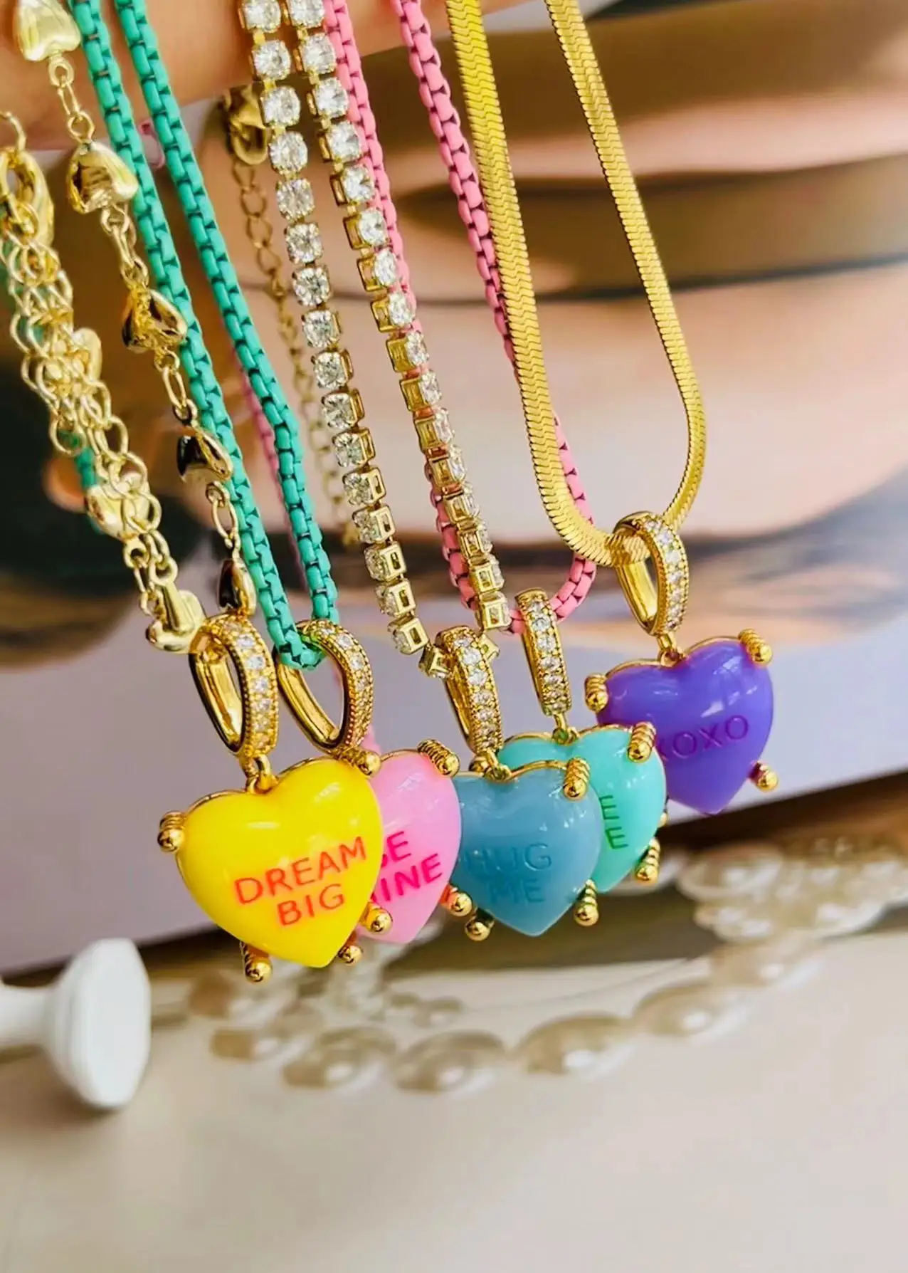 Colorful Heart Pendant Trendy English Words Resin Love Heart