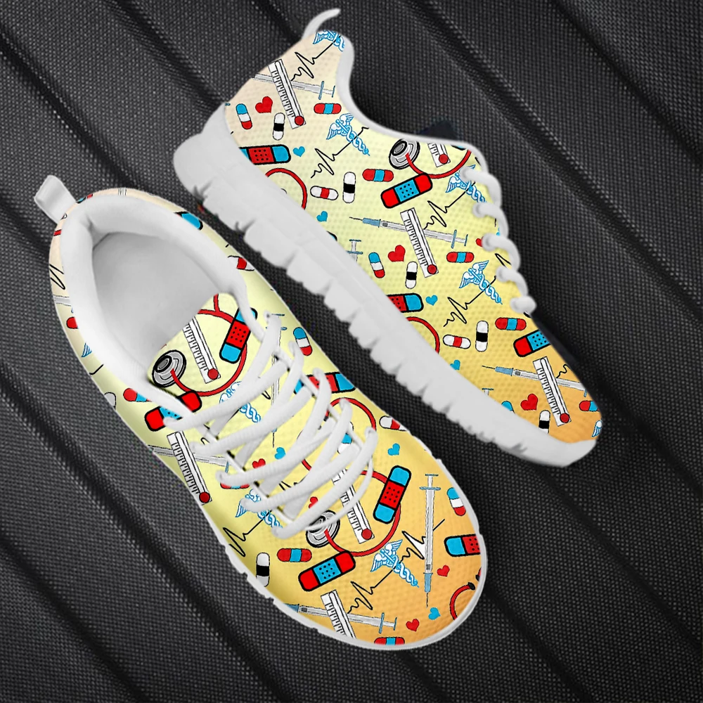 INSTANTARTS 2023 Ladies Flat Shoes Gradient Medical Facilities Pattern Lace-up Casual Sneakers for Women Light Enfermera Zapatos