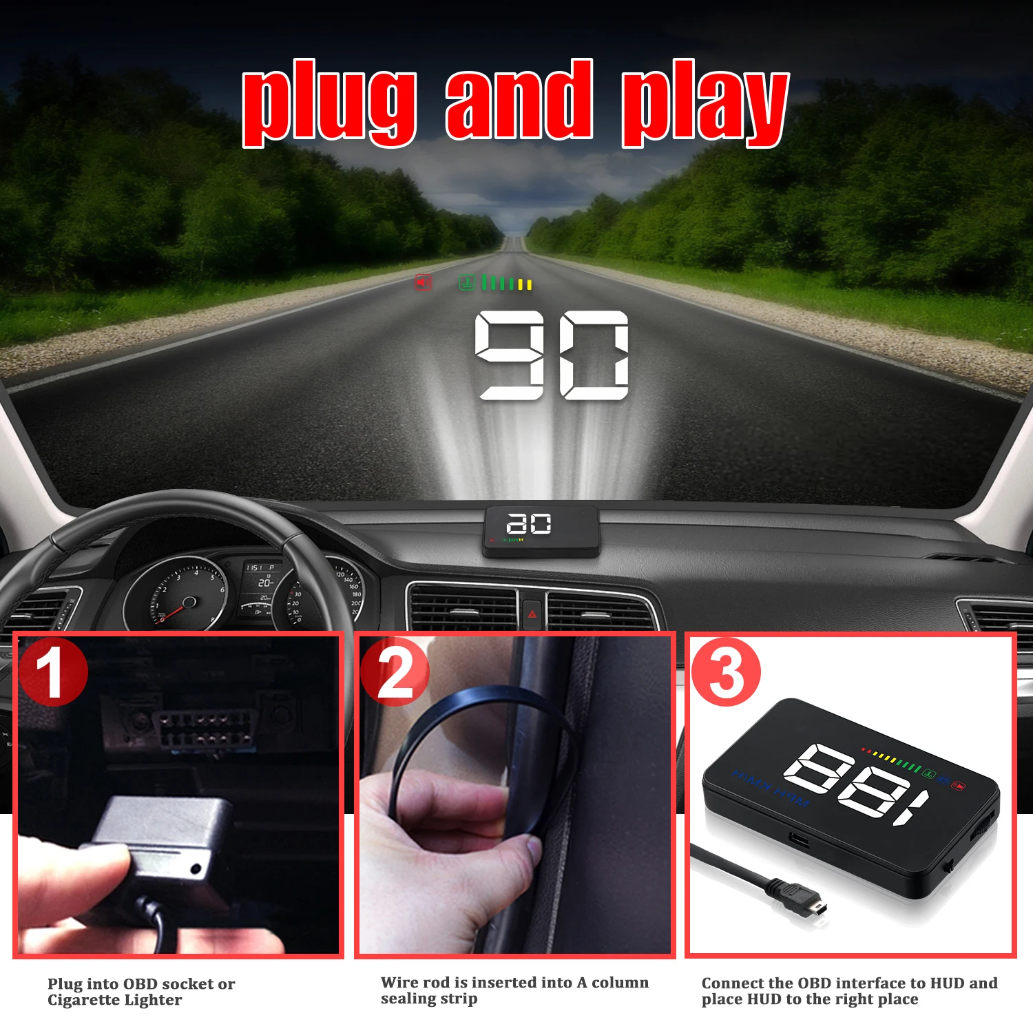 Geyiren ڵ  ÷,  HUD   ,  ӵ,  溸,  KM/H MPH, A500 OBD2