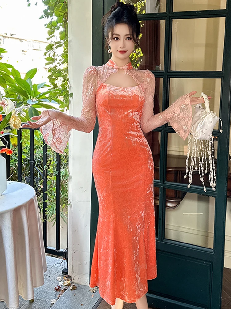 

Новое модное женское бархатное вечернее длинное платье, женское шикарное элегантное облегающее платье с расклешенными рукавами, женское платье для выпускного вечера, платья