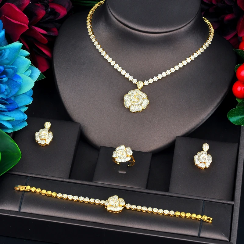 

Fashion New Beauty Big Flower Design White Gold Color Bridal Jewelry Sets For Women Wedding Accessories Party Gifts N-739