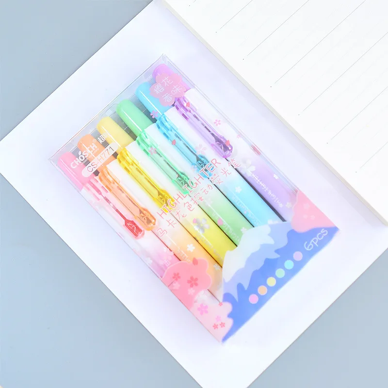 Kawaii Retractable Highlighters Macaron Pastel Highlighter Pen Fluorescence Markers for School Supplies Cute Stationery 6Pcs/set