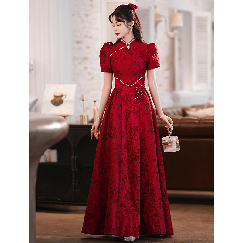 

Jacquard Beads Prom Dress Vintgae Chinese Style Burgundy Women Qipao Toast Clothing Evening Party Dress Palace Style Maxi Dress