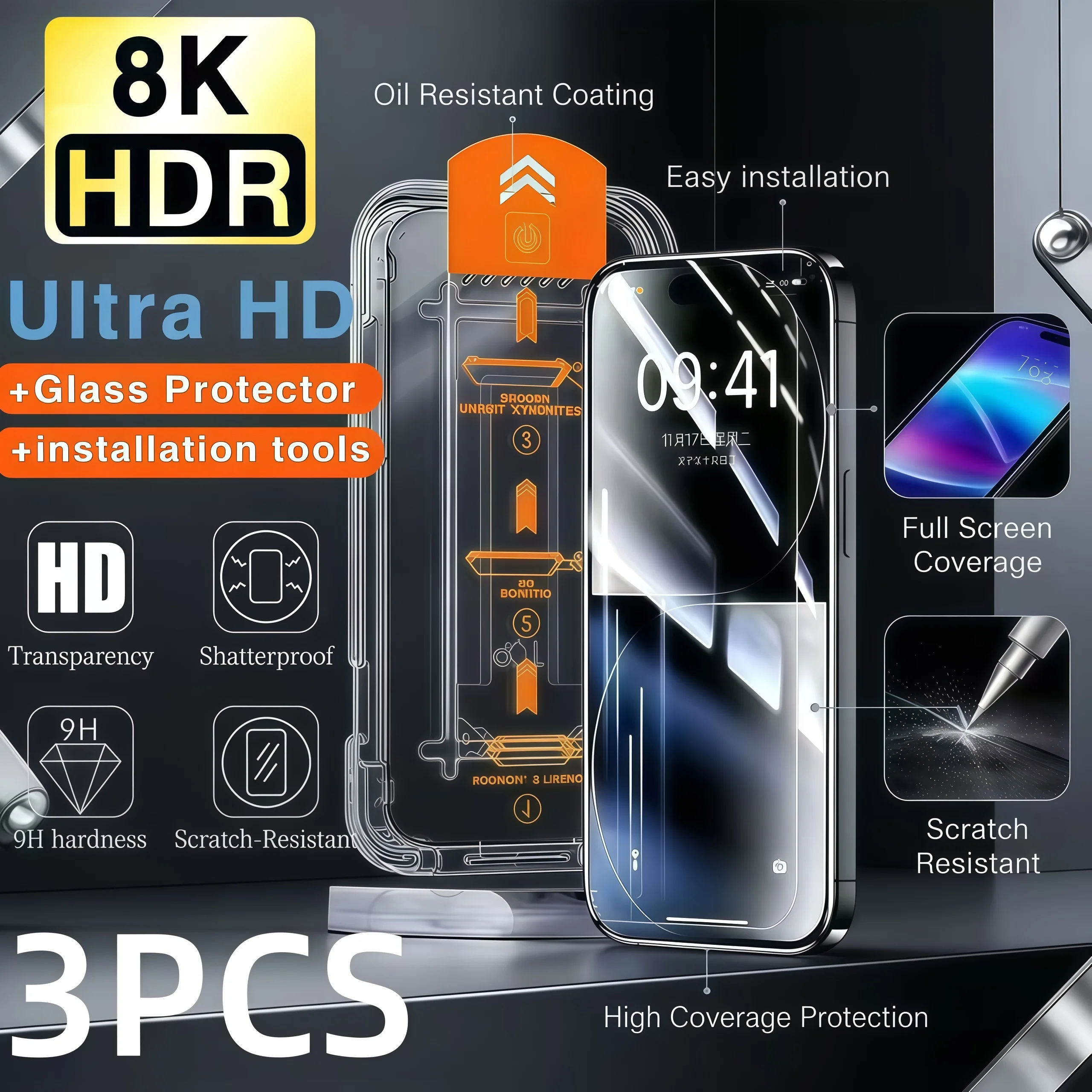 3Pcs Oleophobic Coating Dust Free Easy Installation Screen Protector for IPhone 17 16 15 14 13 12 11Pro Max XR 16 15 Plus Glass