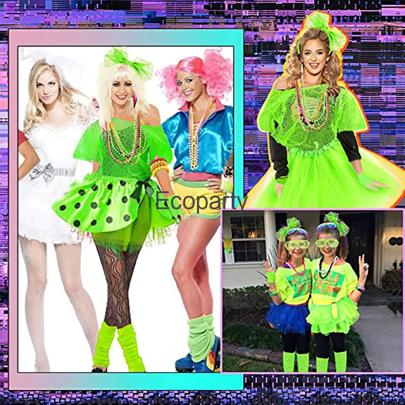 New 1980s Prom Costume Retro Women Retro Neon Mesh T-Shirt Gloves Headband Necklace Set Fancy 80s Party Dress Up Accessories