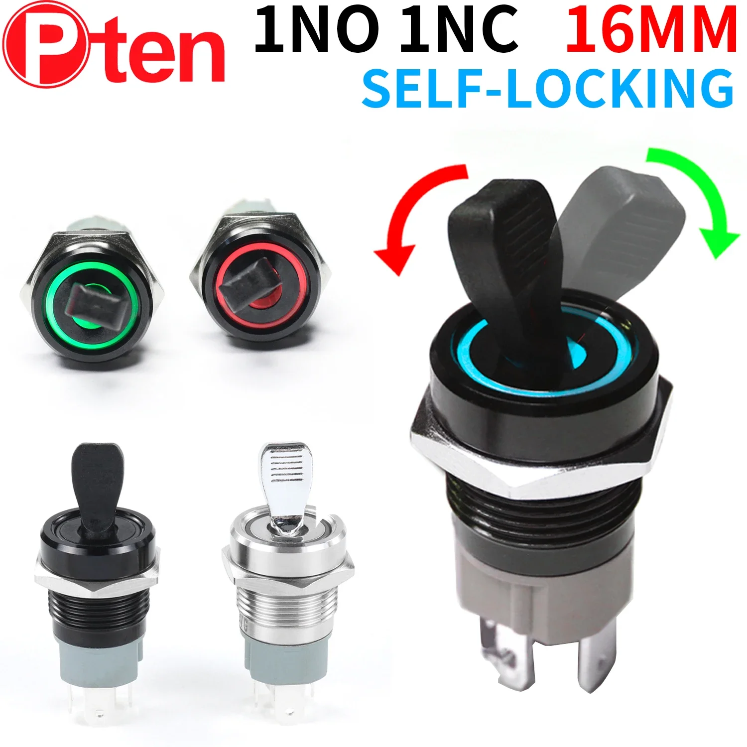 

16MM Self-locking ON-OFF Slide Power High Current Metal Toggle Switch Waterproof Push Button 2 Positions 1NO1NC Illuminated Led