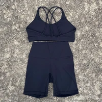 Solid Color Soft Women Gym Yoga Short Cycling Set Cross Back Gym  Bra+High Waist Short Leggings High impact shockproof Sportwear - Image 6
