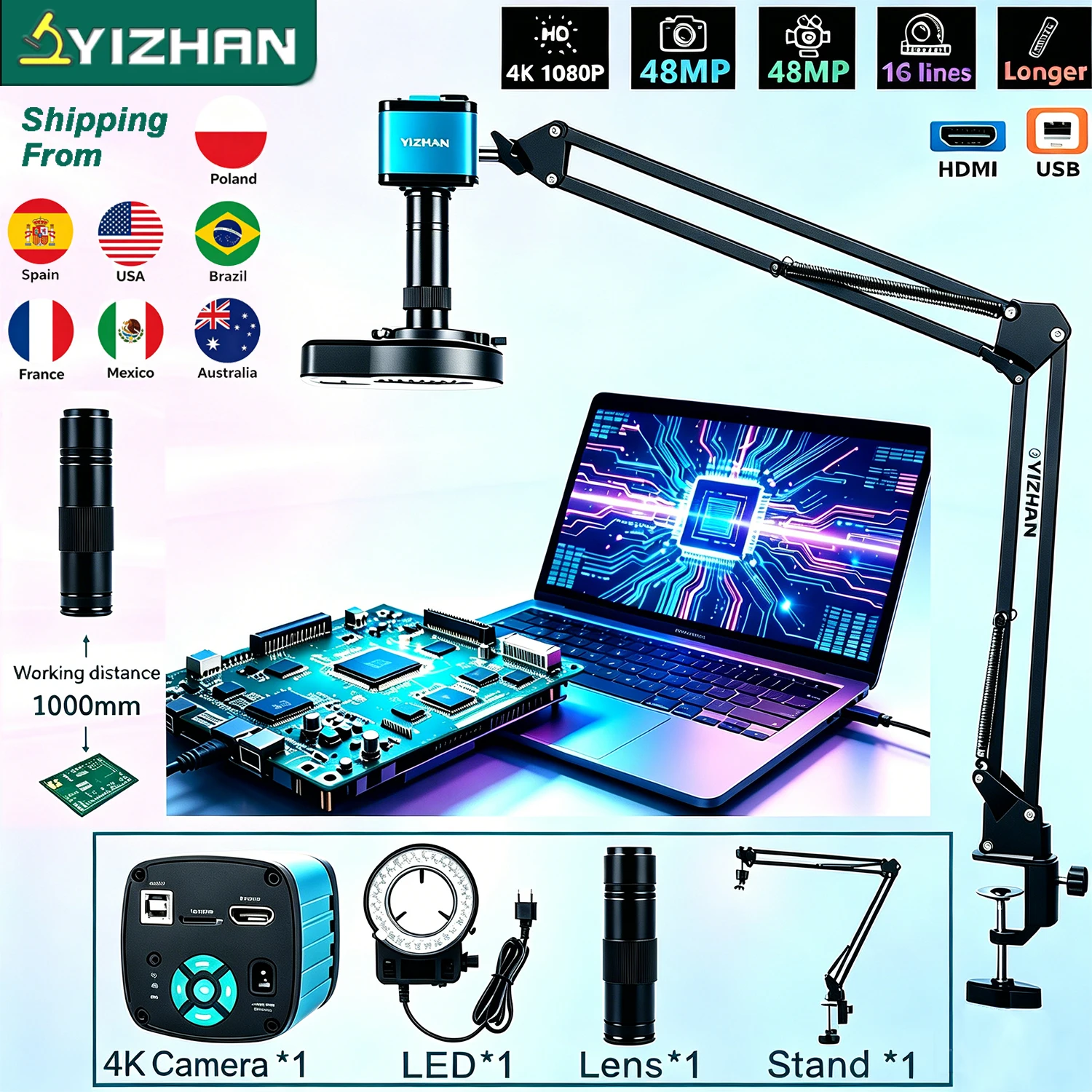 Yizhan 4K HD Electronic Digital Microscope For Soldering HDMI/ USB/ VGA/ Microscope Camera 150X Lens Big Vision Articulated Arm
