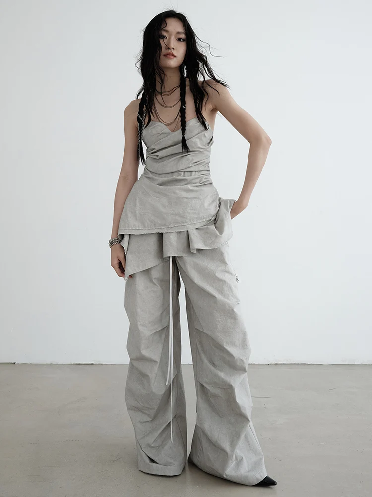 [EAM] High Waist Gray Drawstring Ruffles Pleated Long Wide Leg Pants New Trousers Women Fashion Tide Spring Autumn 2026 1DH6257