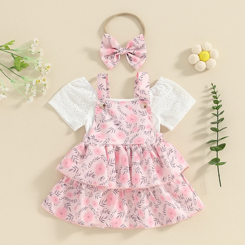 

Летняя одежда для маленьких девочек, Комбинезоны и Цветочное платье с оборками, повязка на голову, комплект одежды из 3 предметов