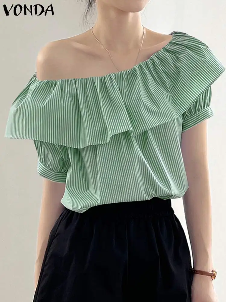 

VONDA Women Off Shoulder Shirts 2024 Sexy V-neck Party Tops Elegant Striped Ruffle Blouse Vintage Printed Striped Shirts Femme