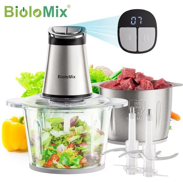 BioloMix Mini hachoir électrique, 300W, avec 2 bols et 4 lames à deux niveaux pour le traitement des aliments pour bébés, des viandes et des oignons. 1