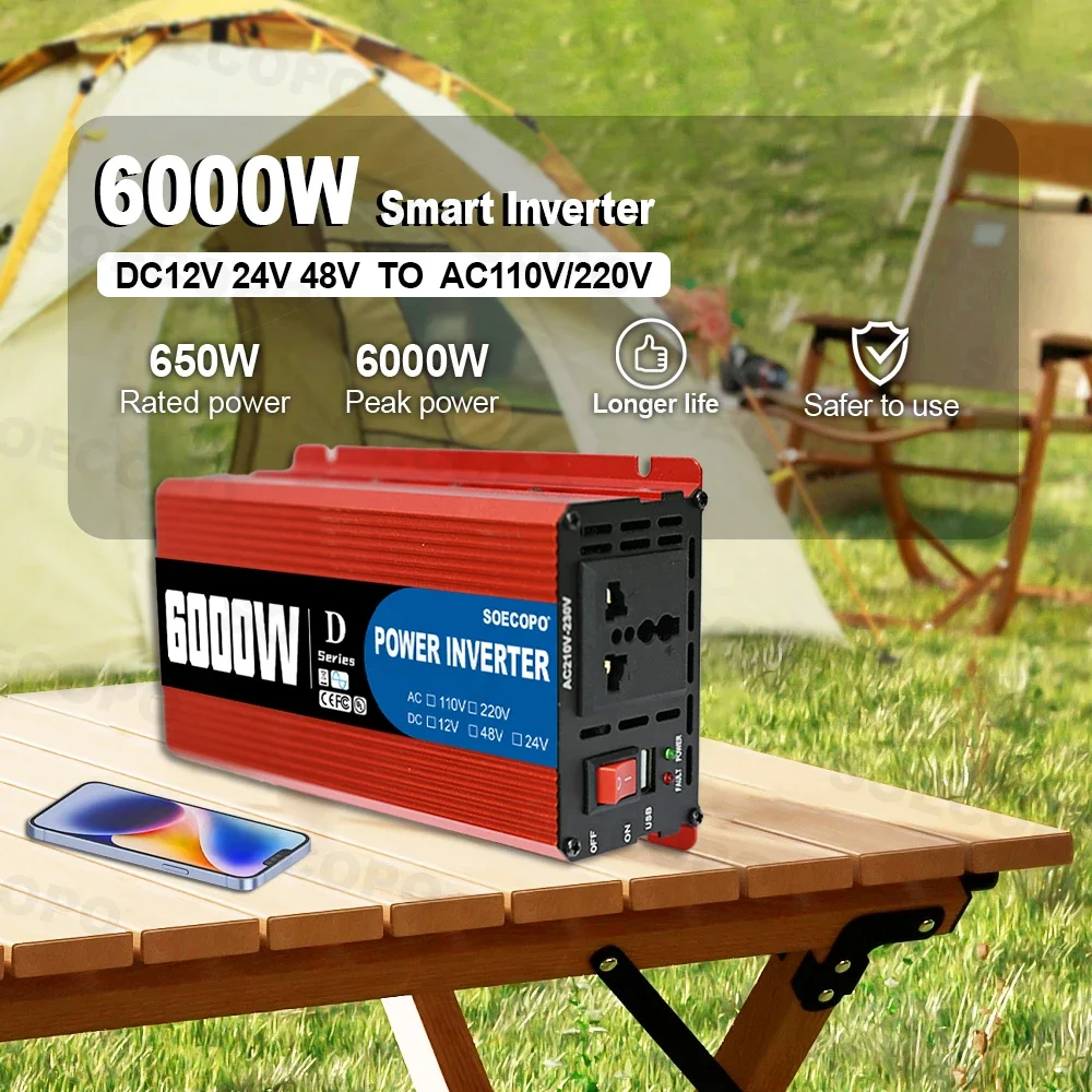 6000W Portable Smart Inverter 12V/24V/48V to 110V/220V AC with USB Port & Alligator Clamps for RVs Trucks Worldwide CE Certified