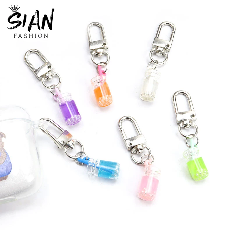 Glass Bubble Tea Cup Earphone Case Pendant Keychains Holder Candy Color