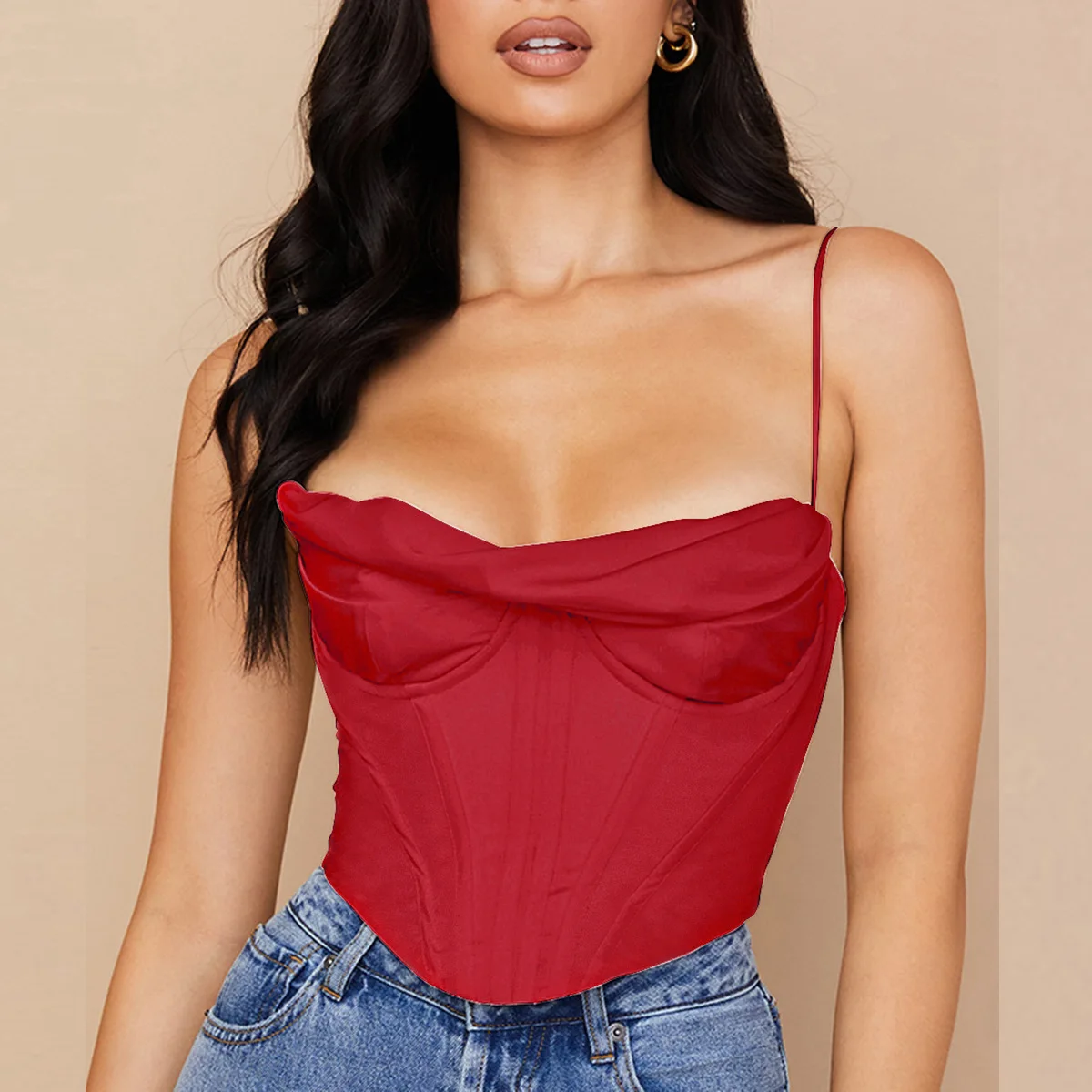 

Sexy Summer Satin Corset Top Spaghetti Strap Lining Cowl Neck Boning Padded 2Layer Backless Zipper Bustier Sexy Crop Tops Women