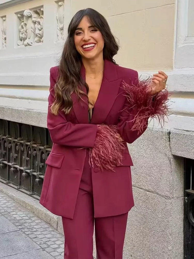 Women's Suit Pants Two-Piece Set Elegant Feather Long Sleeve Blazer Coat + Wide-Leg Pants 2 Pieces Sets Chic Woman Outfits