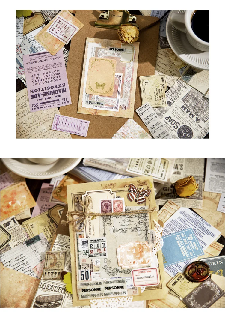 100-teiliges Aufkleber- und Materialpapierset im Vintage-Stil, handgefertigt, DIY-Planer, Scrapbooking, Tagebuch, Collagenmaterial, Tasche – Detail 7