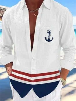 Camicia da uomo a maniche lunghe con stampa di ancoraggio nautico, camicia casual, ampia, traspirante, stile spiaggia, camicia hawaiana monopetto.