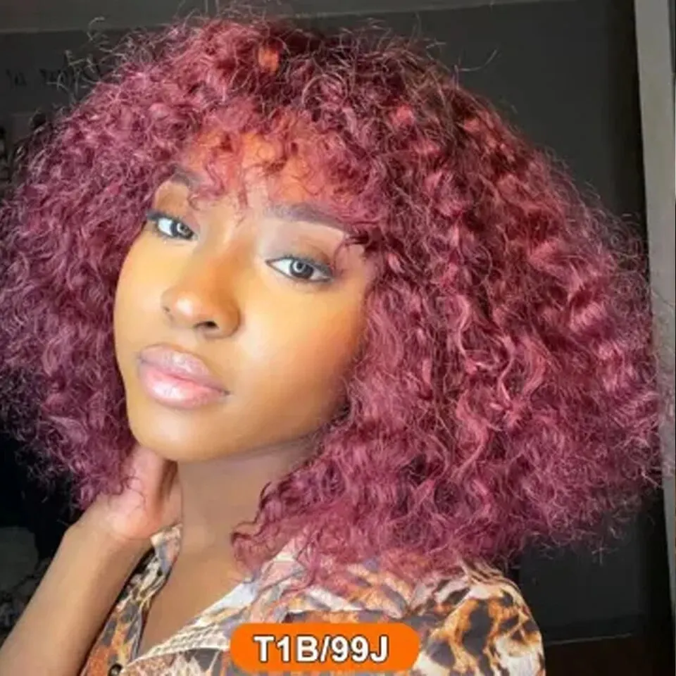 Curly Wig With Bangs 99J Dark Red Wig Human Hair Short Curly Wig With Bangs Ready to Go Human Hair Afro Kinky Curly Wig