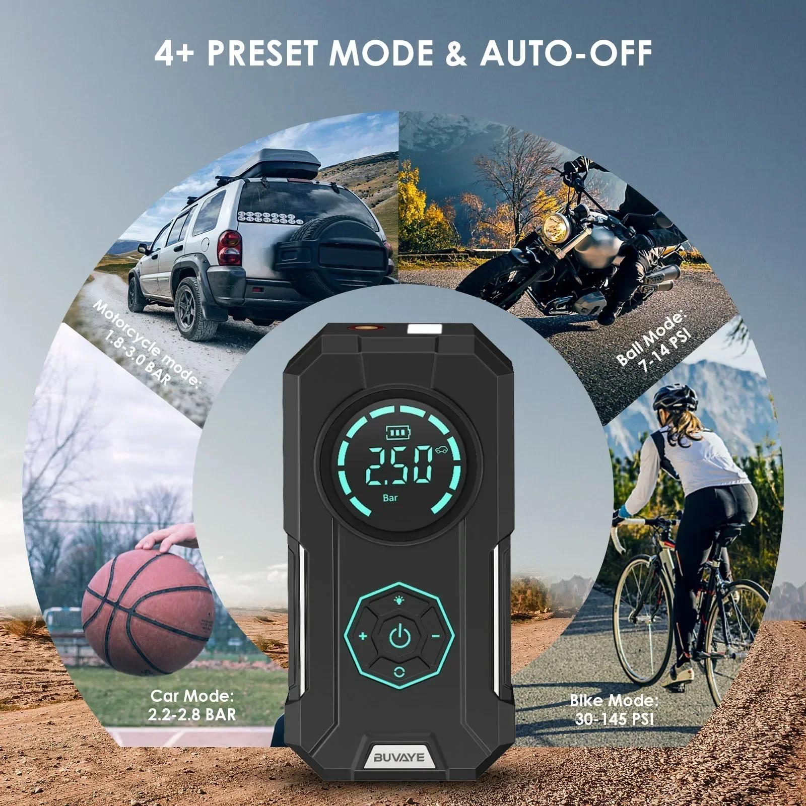 BUVAYE Portable Inflatable Pump Air Compressor 150PSI Digital Automatic Inflation Wireless Tire Air Pump for Cars, Motorcycles