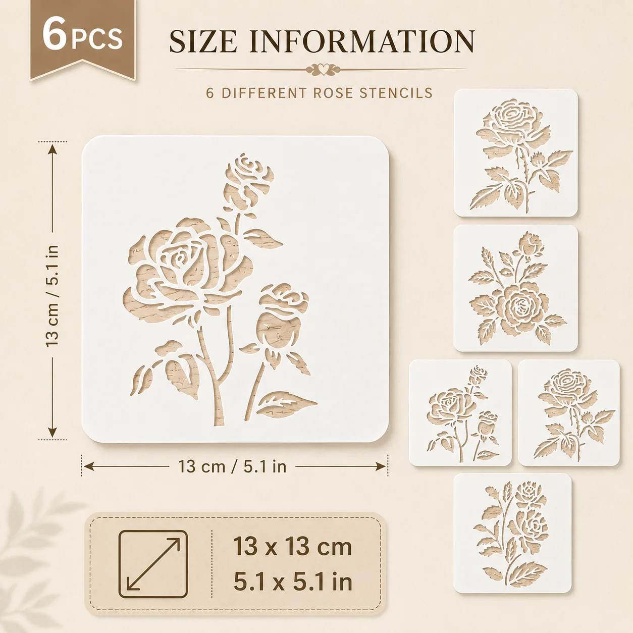 6PCS 5.1 x 5.1인치 장미꽃 스텐실 DIY 벽 목재 캔버스 패브릭 장 재사용 가능한 꽃무늬 템플릿