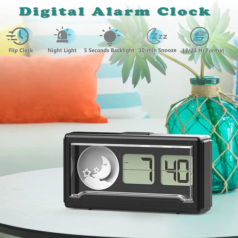 Digital Flip Clock, Alarm Clock with Night Light, Snooze, 12/24H, Easy to Set, Desk Clock Battery Operated for Bedroom, Office 4