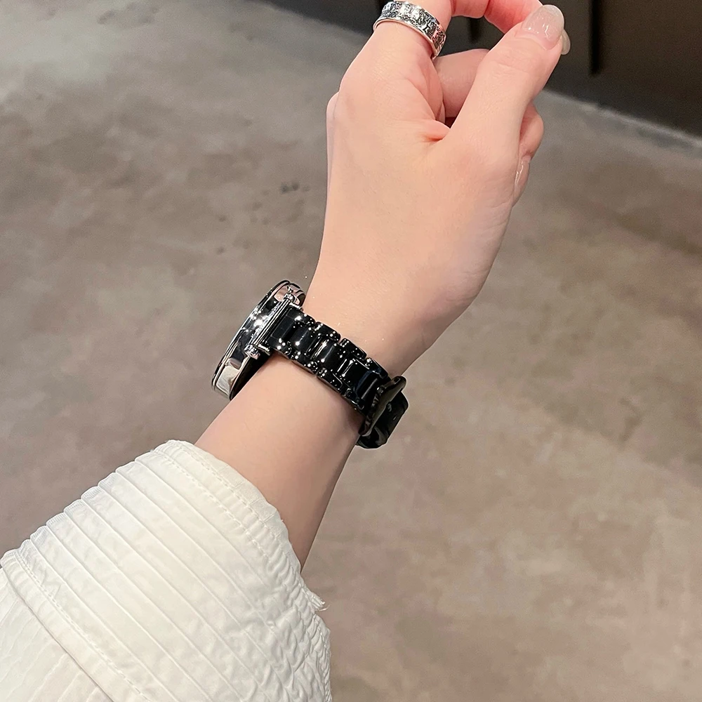 Luxury Slim Black Ceramic Beaded Leather Strap Bracelet