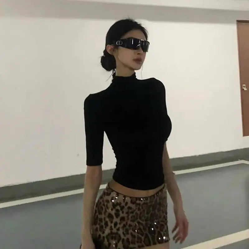T-Shirt Damen Oberteile Schwarz Stretch Skinny Mid-High Neck Mittellange Ärmel Basic T-Shirt Einfarbiges Crop Top Vintage Streetwear Schlichte T-Shirts