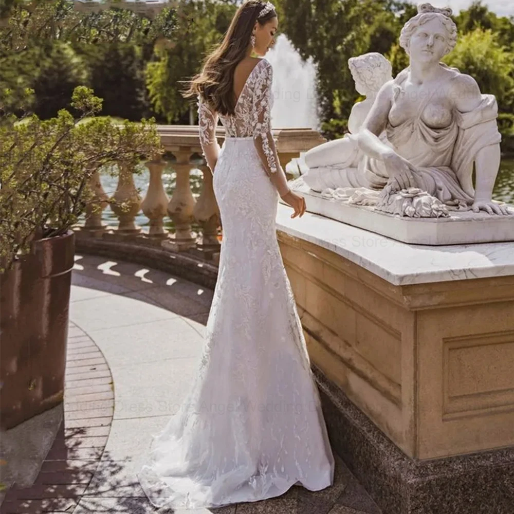 ANGEL 2 In 1 Wedding Dress Deep V-Neck Lace Appliques Tulle Mermaid Bride Gown Zipper Backless Vestidos De Noiva
