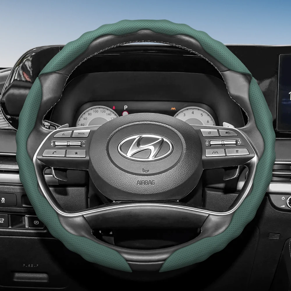 Steering Wheel Cover with Wavy Sports Design - Breathable Leather, Segmented Anti-Slip, Sweat-Absorbing Protective Cover