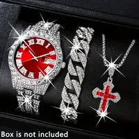 3PCS Luxury Full Diamond Men Watch Bracelet Necklace Set Fashion Hip Pop Men's Calendar Quartz Watches Reloj Mujer（Without Box）
