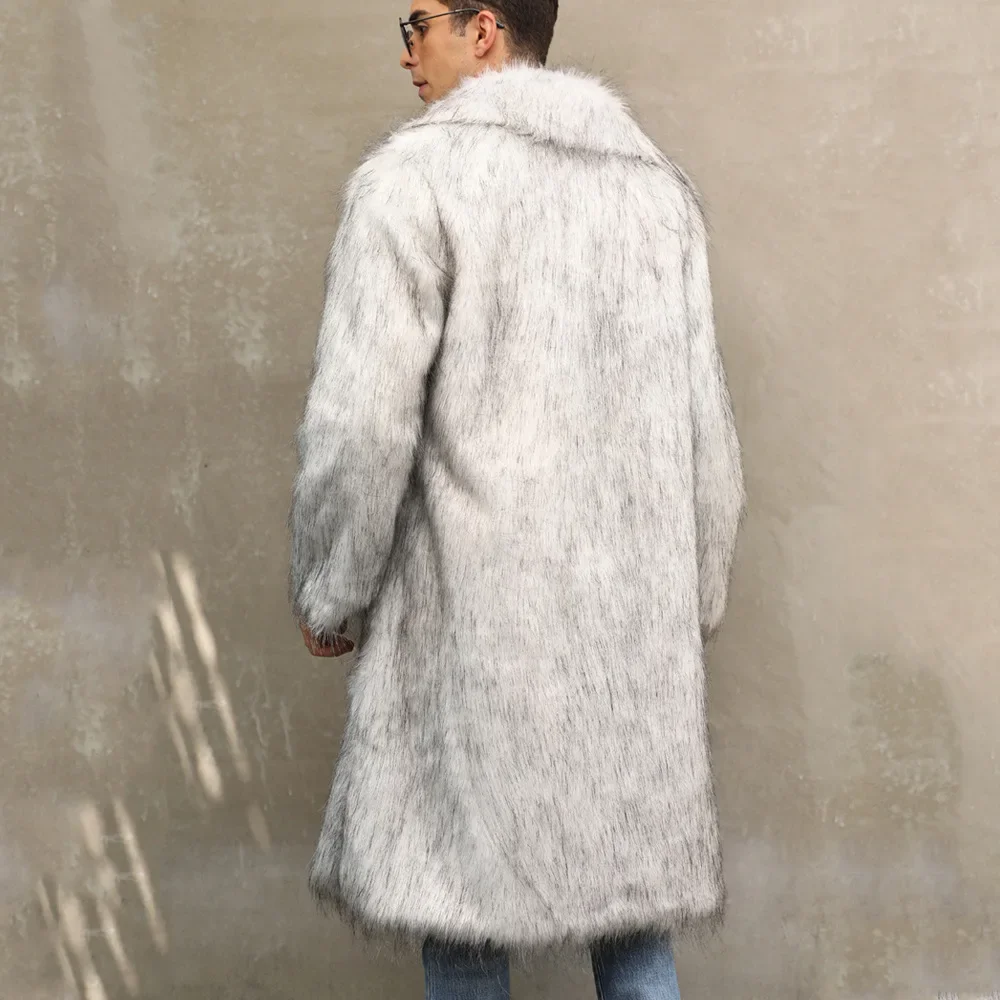 Bontjas voor heren, lang, imitatiebont, winterjas, kunstbont, bontjas, pluche winterjas, revers, warme mantel, bontjas, lange mouwen, cardigan, bontjas, 3, zwart, L