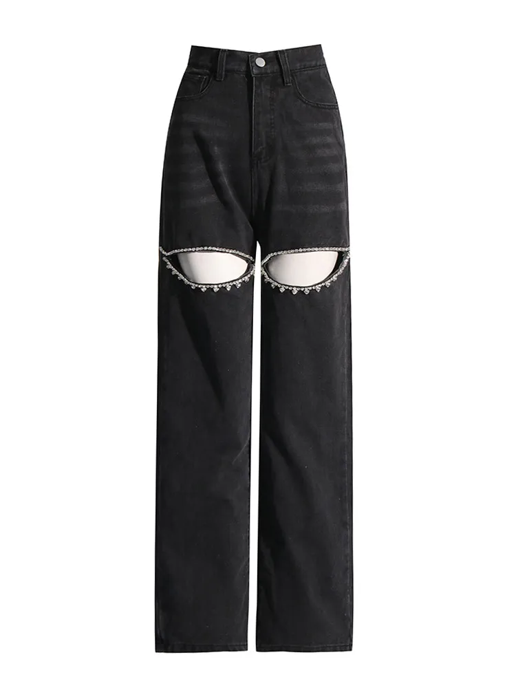 TWOTWINSTYLE Hollow Out Patchwork Diamonds Jeans For Women High Waist Spliced Pocket Casual Denim Pants Female Fashion Clothes 5