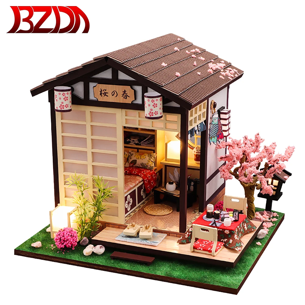 BZDA DIY Wooden Dollhouse Japanese Sushi Restaurant Sakura Assembled Miniature With Furniture Doll House Puzzle Toy For Children | Игрушки и