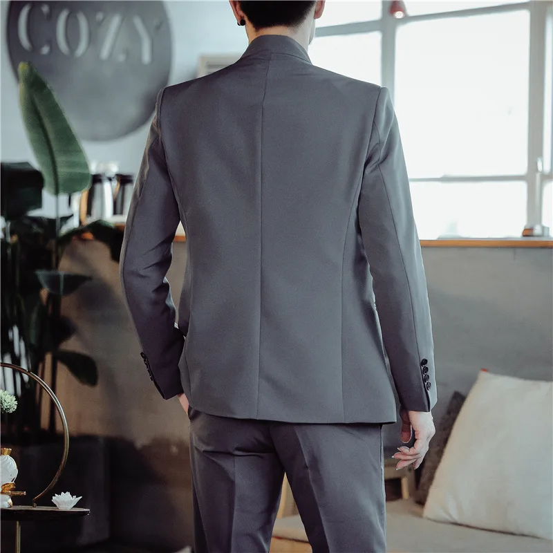 2023 Fashion New Men's Suit Boutique Chinese Style Stand Collar Single Breasted Blazer And Pant Black Gray Blue Male 2 Piece Set