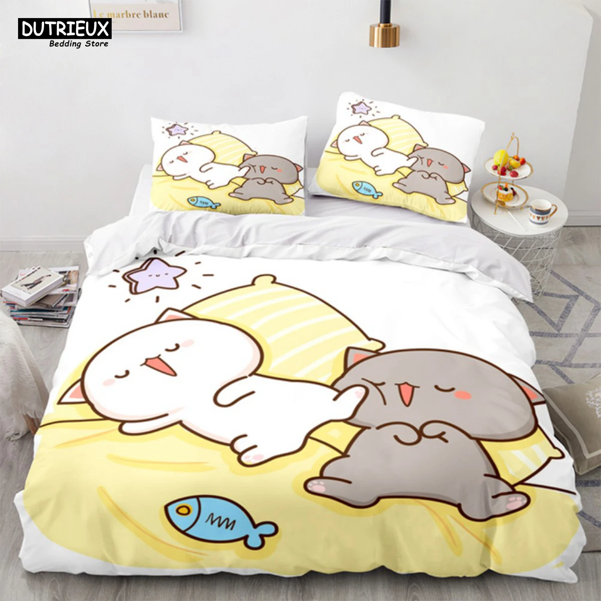 

Lovely Peach Cat Bedding Set Cartoon Cute Bed Set Double Queen King Twin Full Size Duvet Cover Set Kids Girls Duvet Cover Gifts