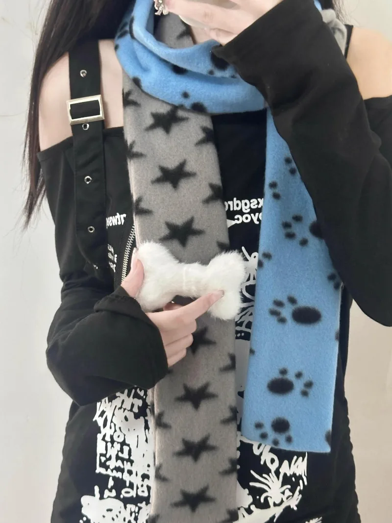 Kawaii Dog Footprints Patchwork Long Scarf for Girls with Bone Pin Fluffy Contrast Color Coral Velvet Women Scarf Japanese Style