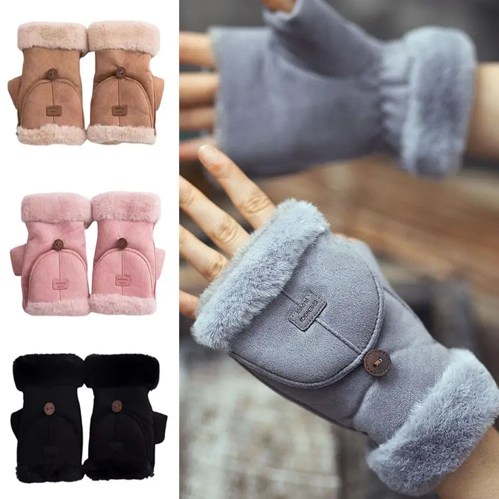 Thicken Flip Cover Suede Gloves Warm Velvet Touch Screen Wool Lining Half Finger Gloves Winter Outdoor Writing Student Gloves
