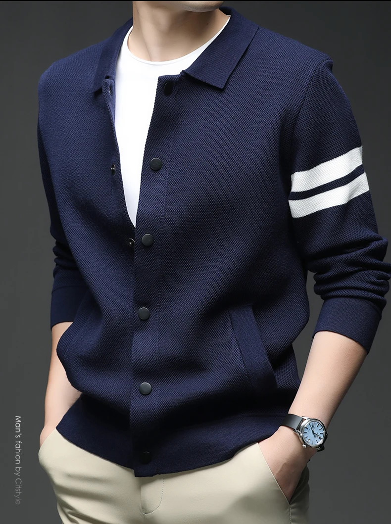 Gestreifte gestrickte Herren-Strickjacke der High-End-Marke, Trend, Bestseller, Komforttasche, neues Luxus-Revers, einzigartige Knopfjacke, Freizeitmantel – Detail 9
