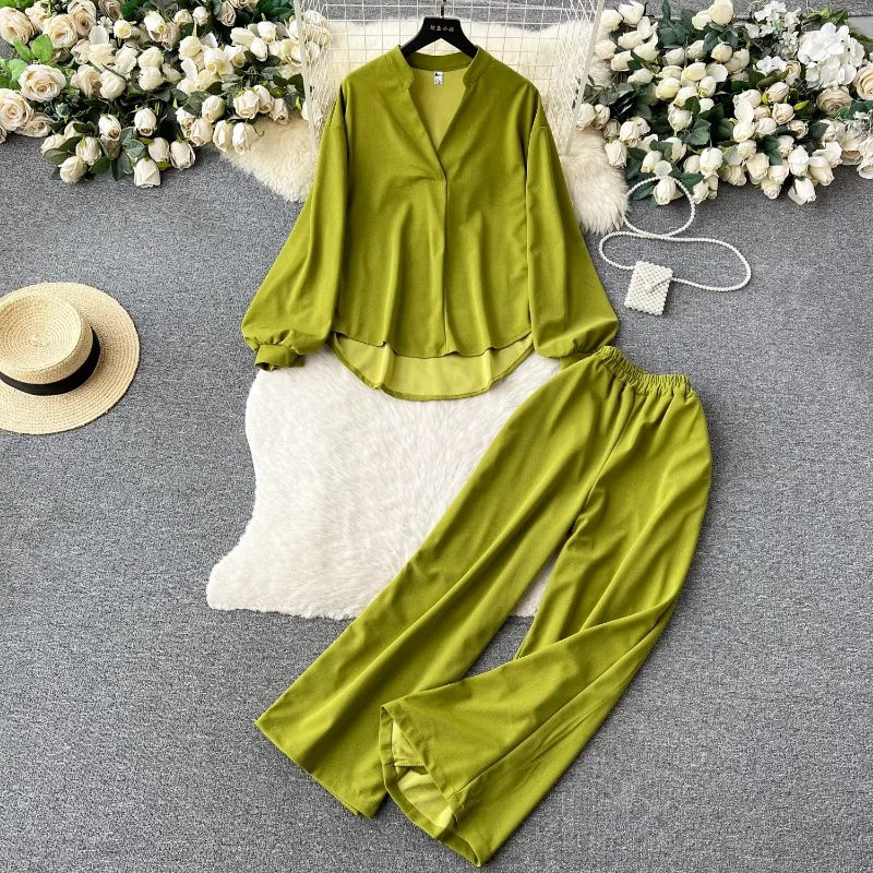 

High-End Lazy Style Suit for Women, Asymmetrical V-neck, Long-sleeved Shirt, High-waisted Versatile Wide-leg Pants, Autumn, New